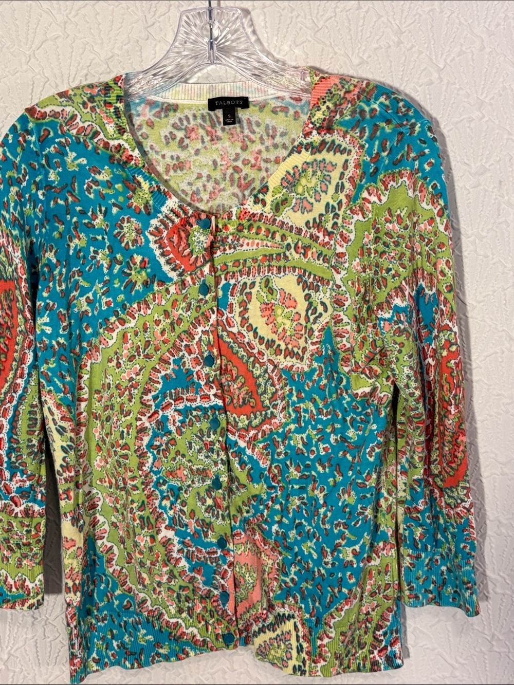 Talbots Turquoise Paisley Button-Front Cardigan with Coral & Lime Accents